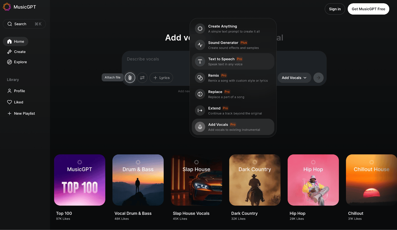 MusicGPT AI music platform tools dashboard sound and voice generator