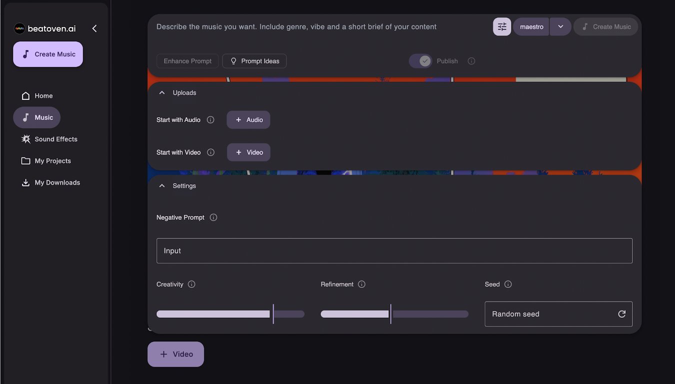 Beatoven interface with Maestro Music API and SFX tools