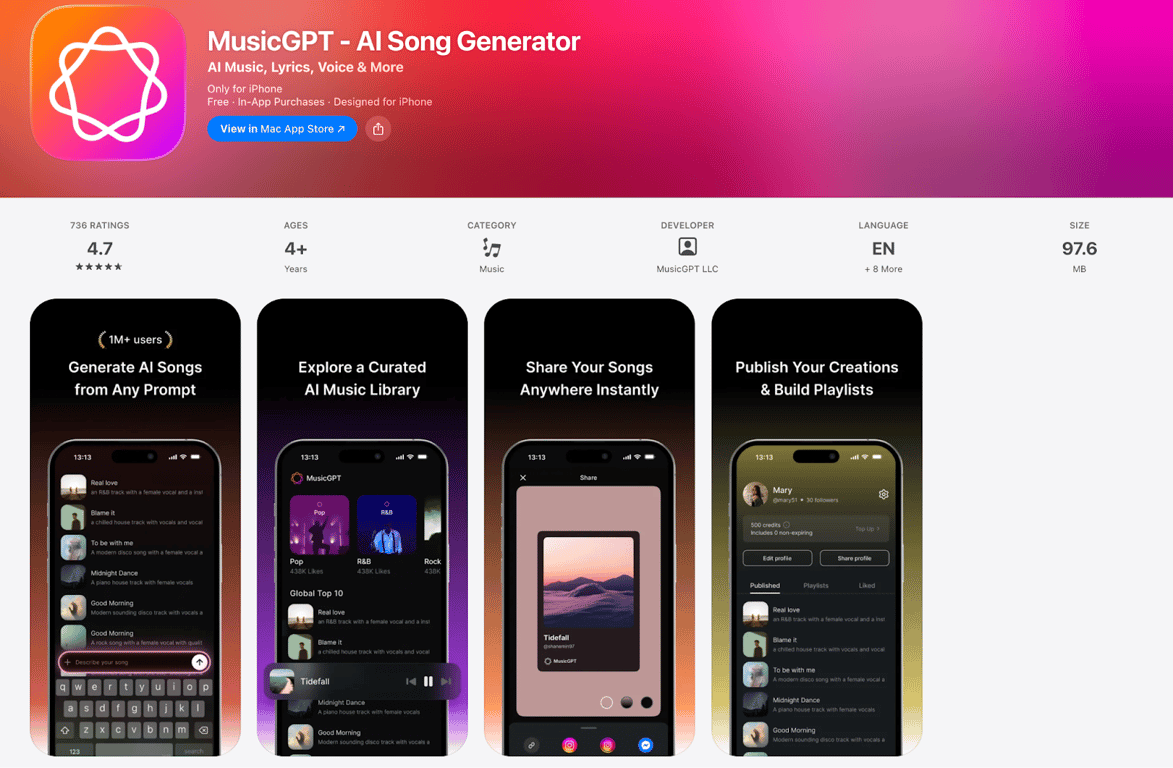 MusicGPT iOS app interface on App Store