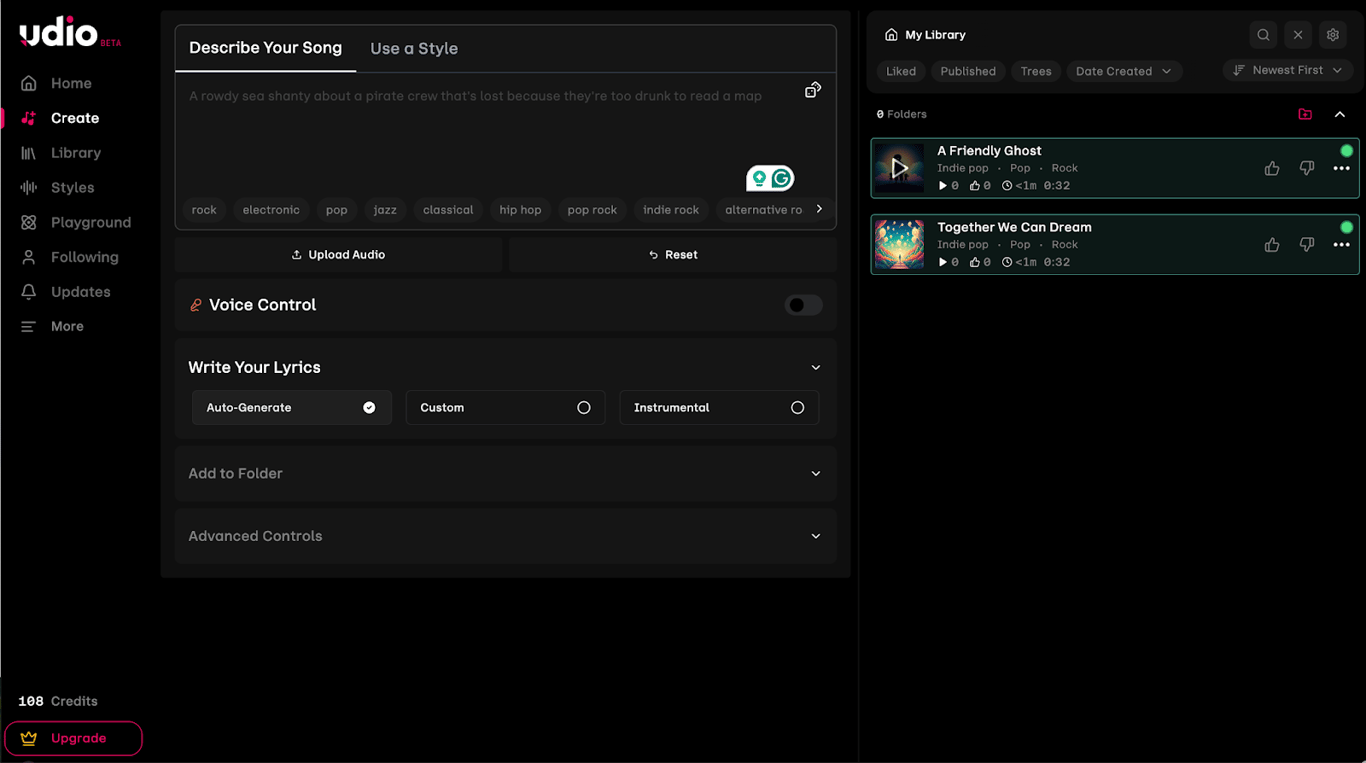 Udio AI song generator interface music creation dashboard