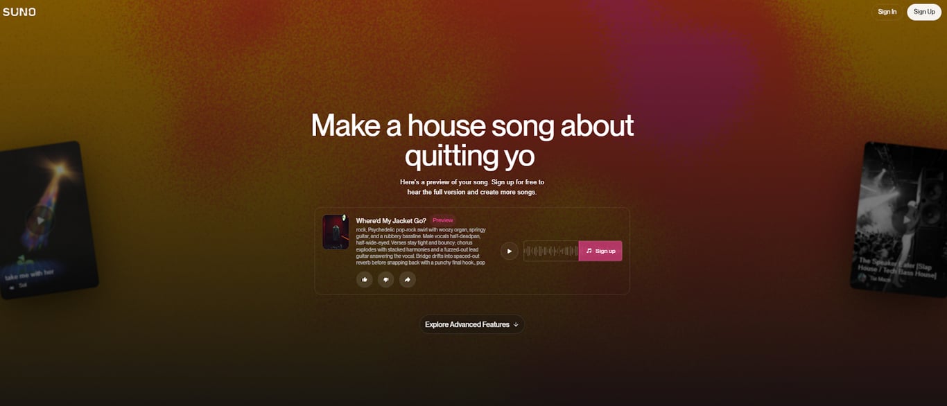 Suno AI music generator homepage with featured tracks