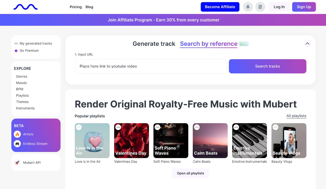 Mubert dashboard showing royalty-free music generation for video