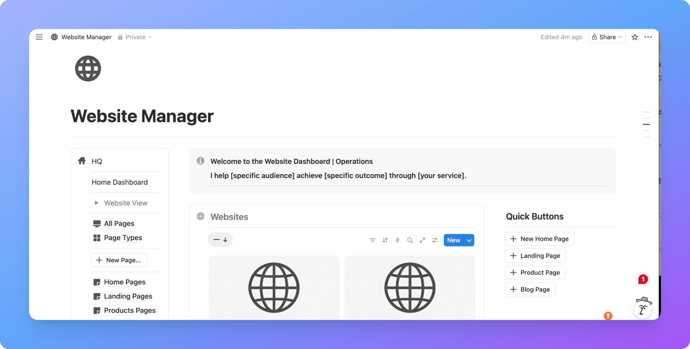 Notion freelance homepage positioning headline
