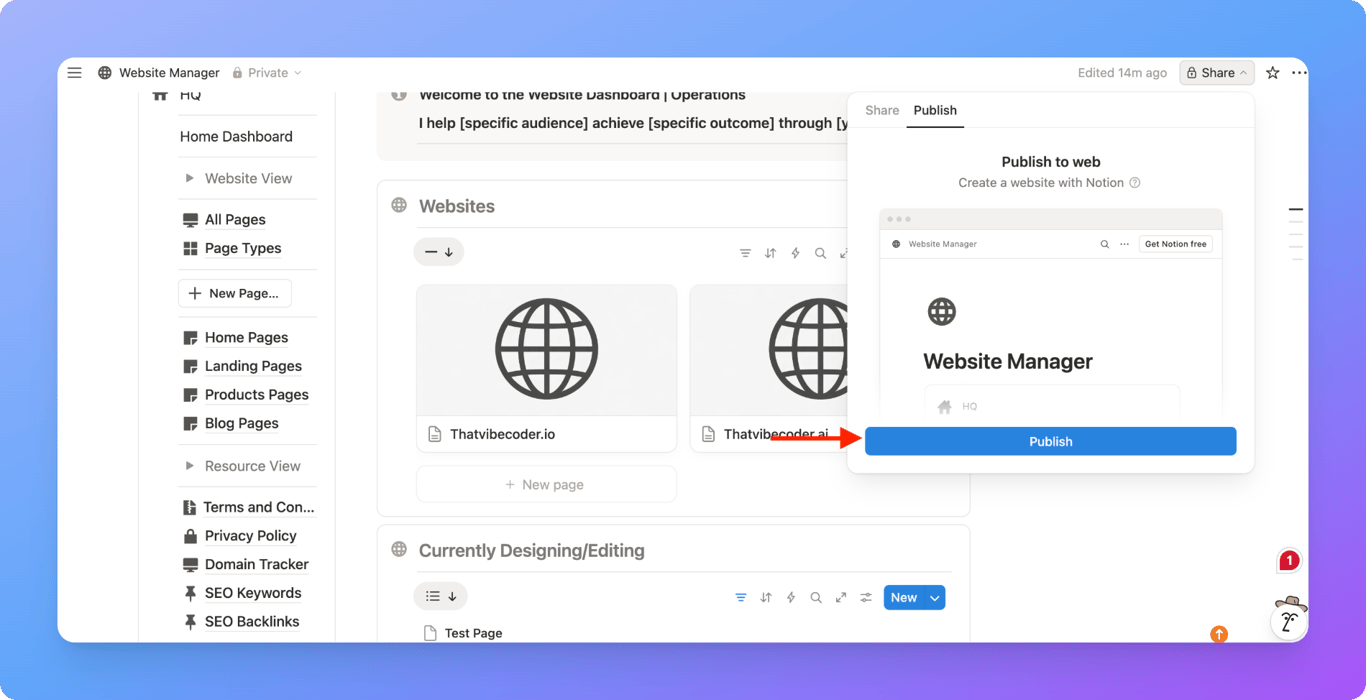 Notion’s Publish Settings