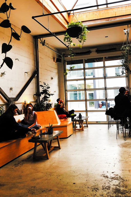 A spacious, light-filled warehouse café with abundant plants, embodying the open, thriving communal space that is the destination of every Pillar & Press engagement