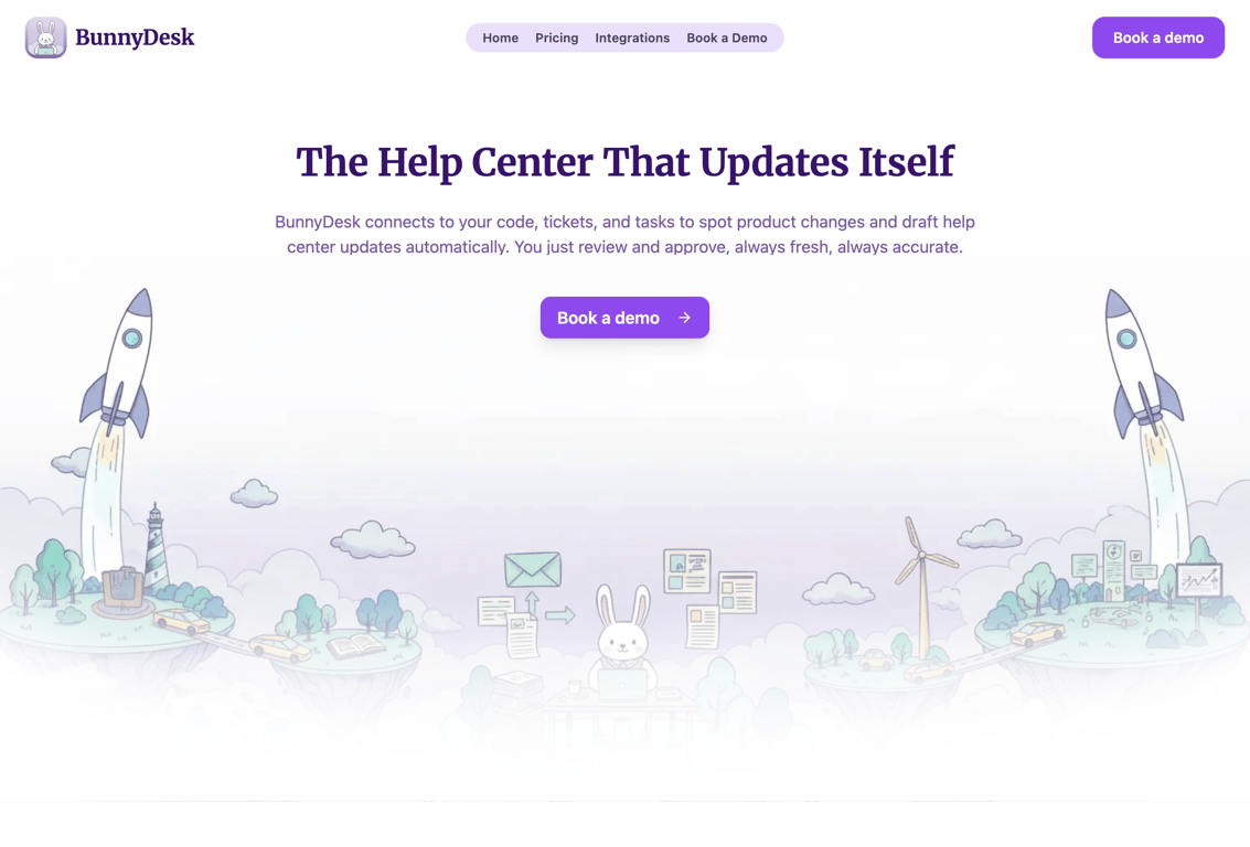 BunnyDesk AI homepage — AI-powered help center