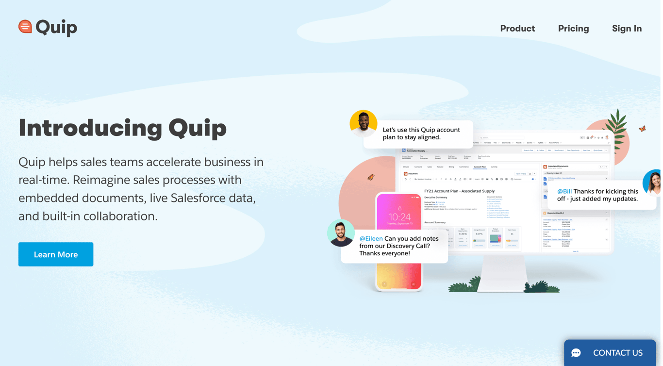 Quip homepage — Salesforce-integrated collaborative workspace for sales teams