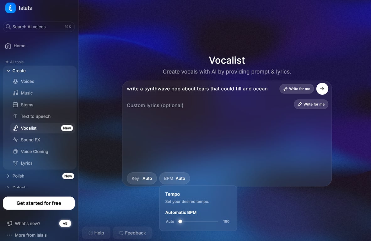 Key and scale selection panel in Lalals AI singing tool with automatic and manual settings