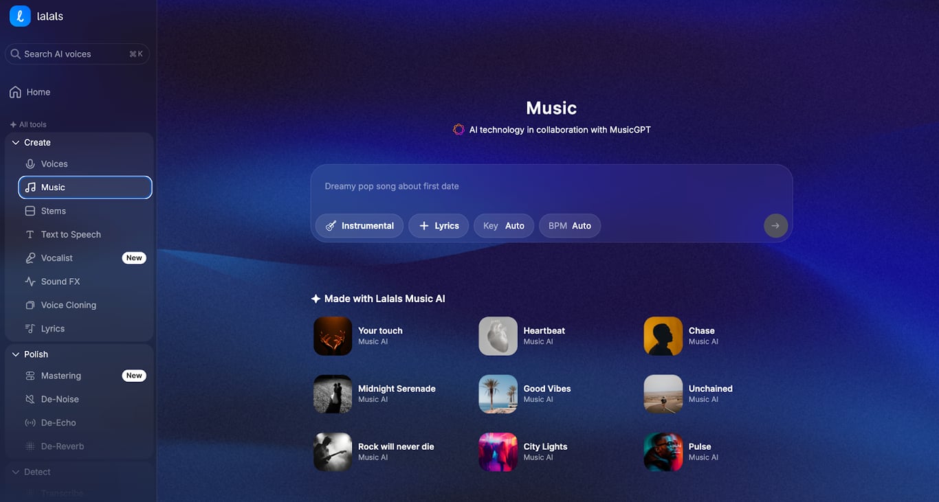 Example of AI voice technology interface with prompt input and audio controls