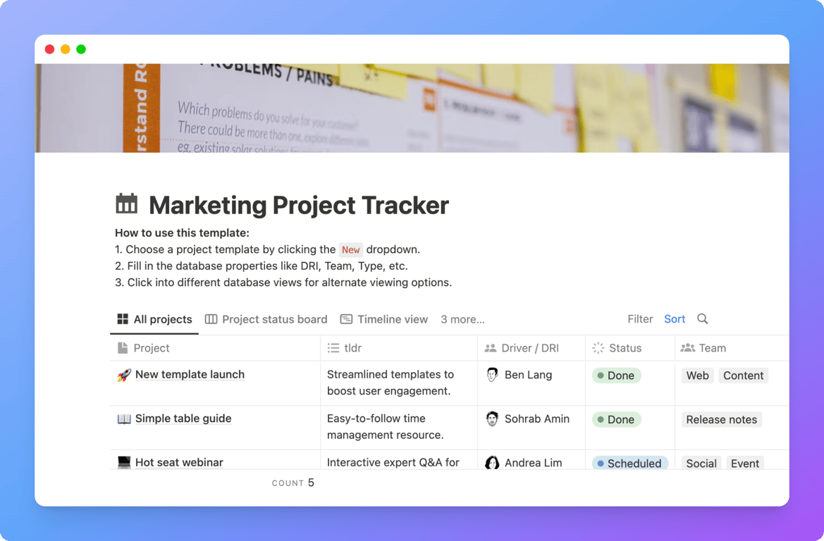 Notion marketing project tracker board