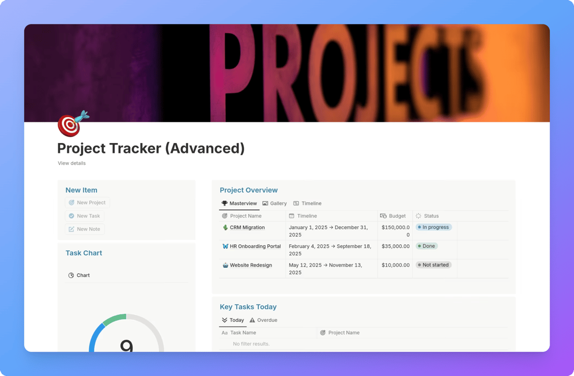 Notion project tracker Gantt timeline