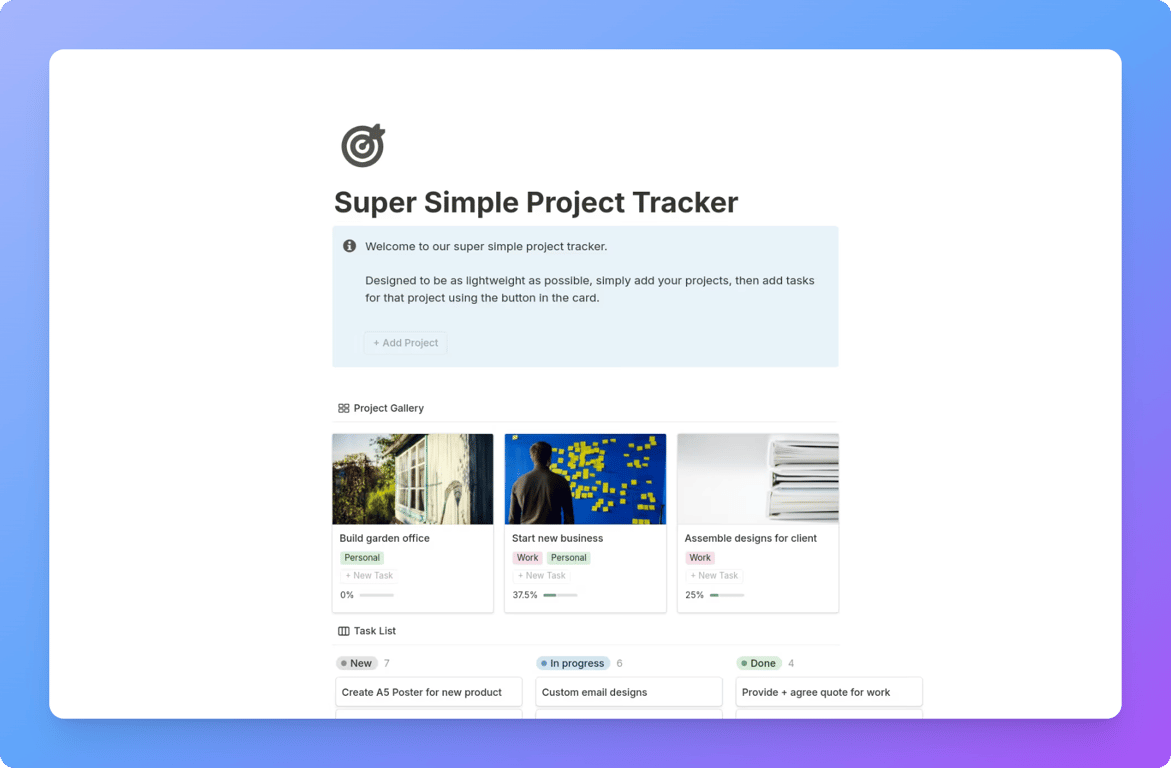Notion simple project tracker board