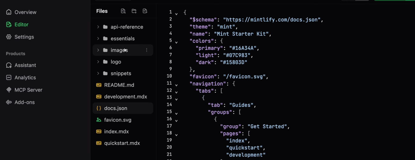 Mintlify editor interface
