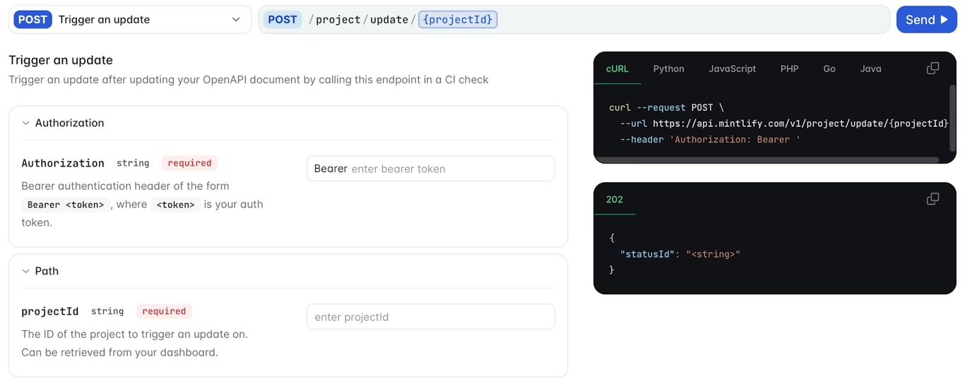 Trigger update example for API playground