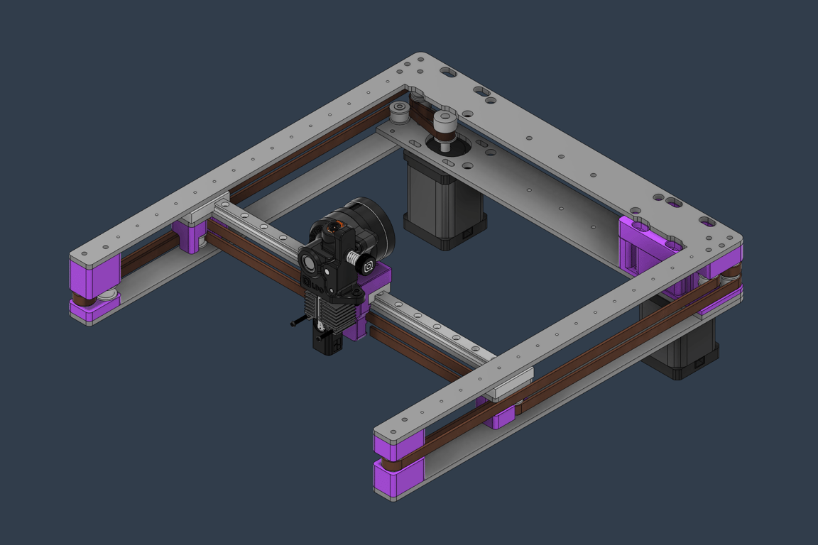 V1 CAD: Waterjet-cut aluminum frame with inverted Y rails and a front belt “redirect”
