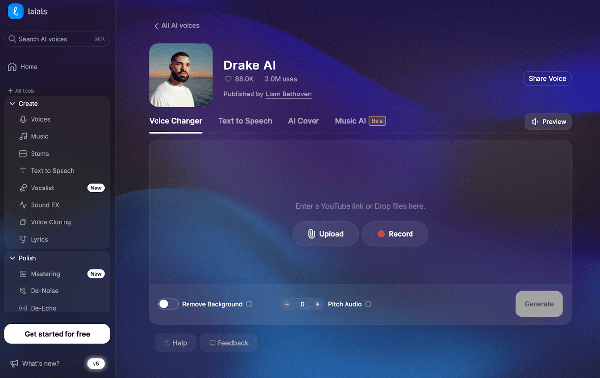Drake AI Voice Changer interface on Lalals with upload and pitch controls