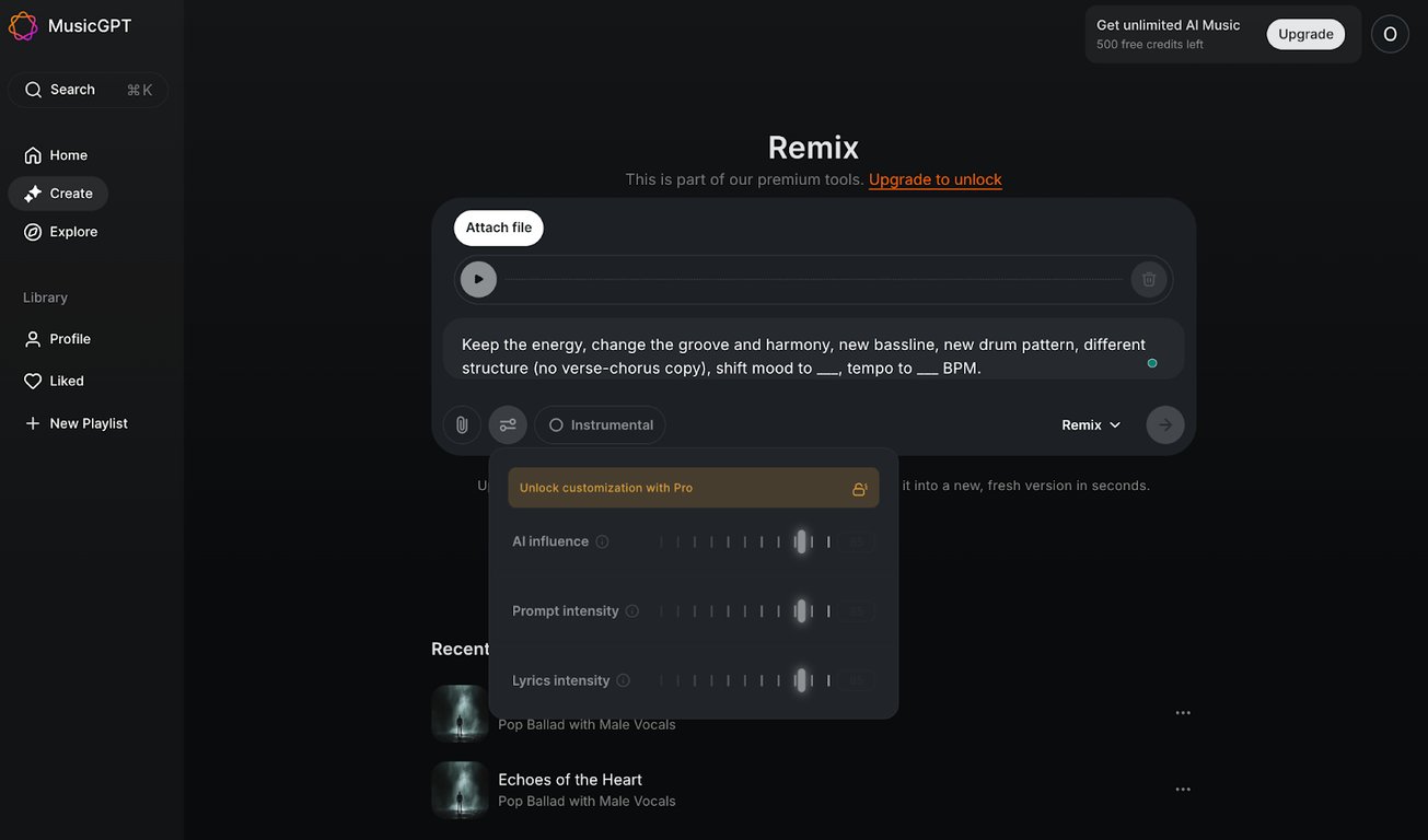 MusicGPT AI music remix workflow with AI influence, prompt intensity and lyrics controls