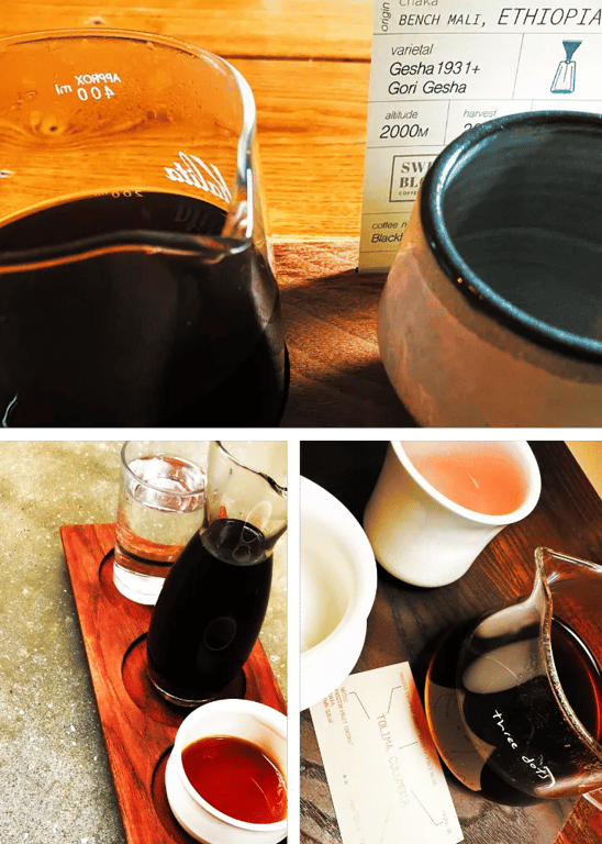 A collage of three specialty coffee shop scenes featuring pour-over brewers, carafes, and handwritten tasting notes
