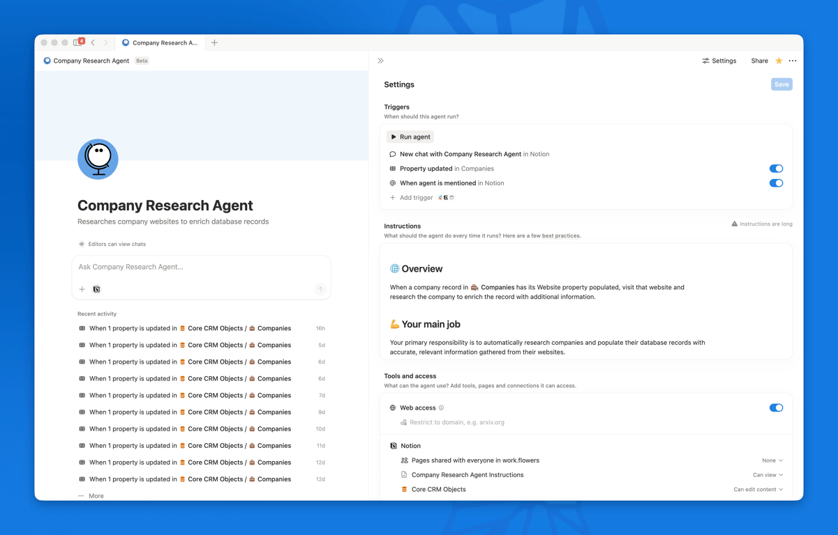 Our Custom Agent for company research
