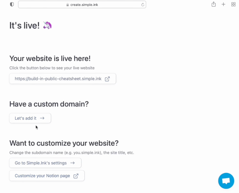 Simple.ink Notion site publishing interface