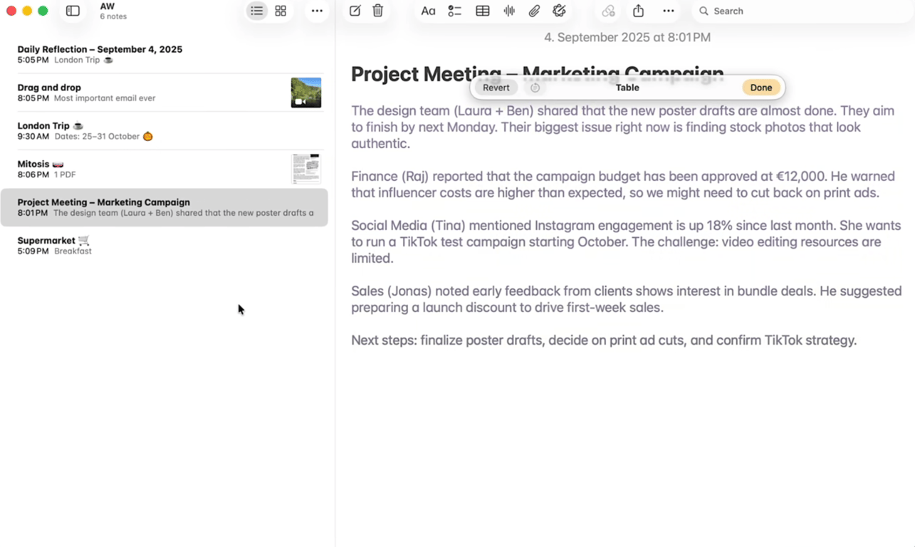 Apple Notes note editor