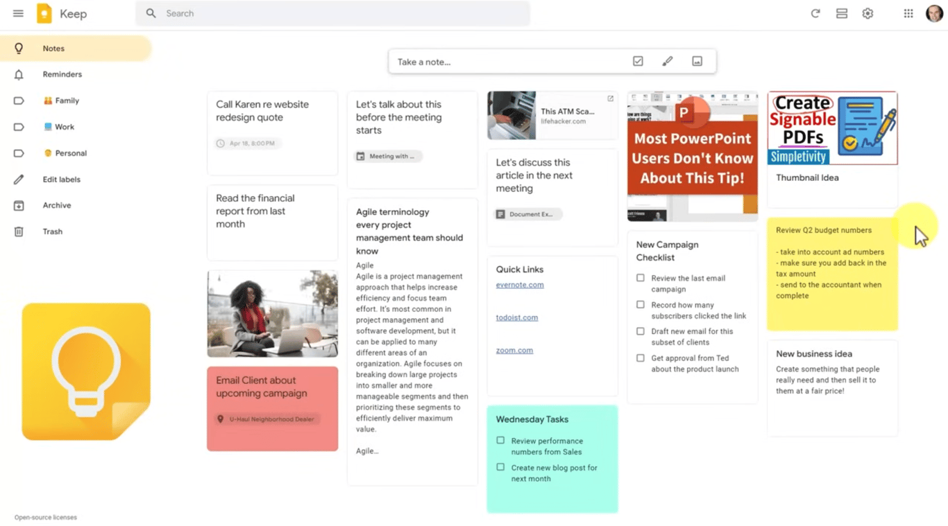 Google Keep notes interface