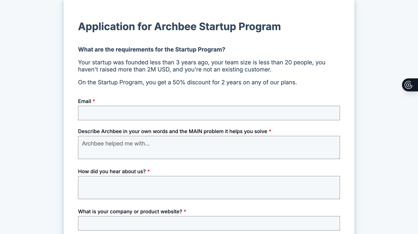 Archbee Startup Program application form