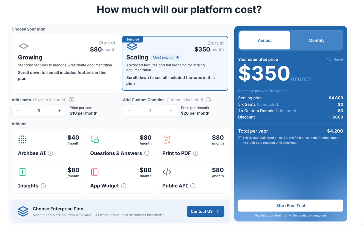 Archbee pricing calculator tool to generate an exact monthly quote