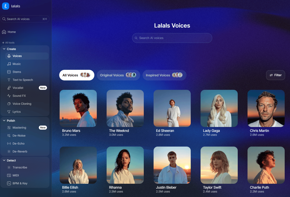 Lalals AI voices library screen