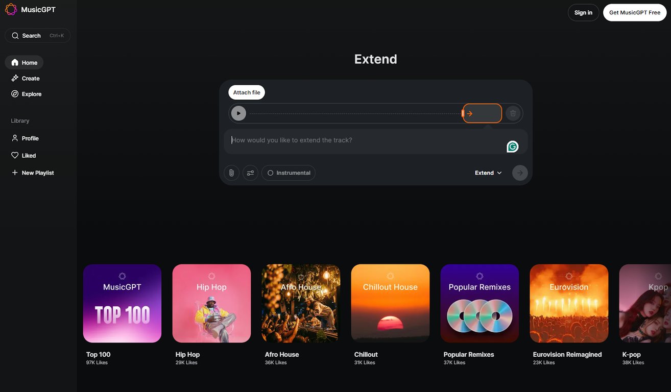 MusicGPT Extend tool interface for continuing a music track