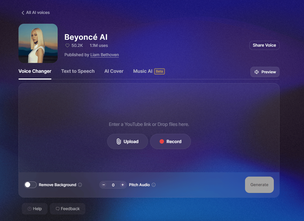 Beyoncé AI voice page in Lalals showing the voice changer tool