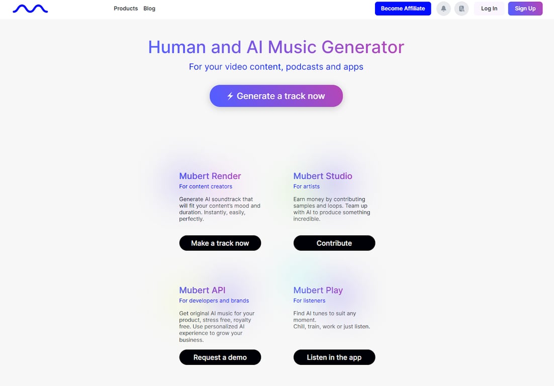 Mubert AI music generator interface with Render, Studio, API, and Play tools