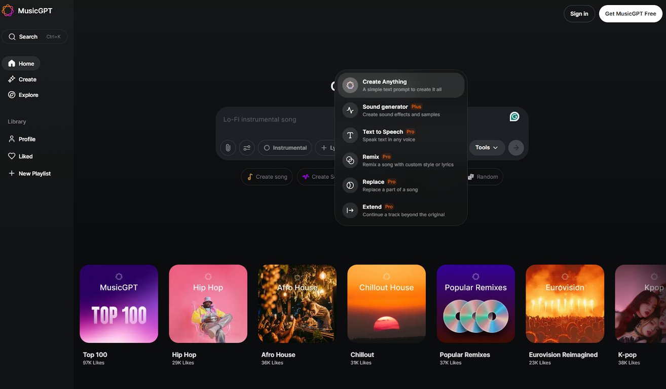 MusicGPT creation menu with options for prompts, sound generation, remix, replace, and extend