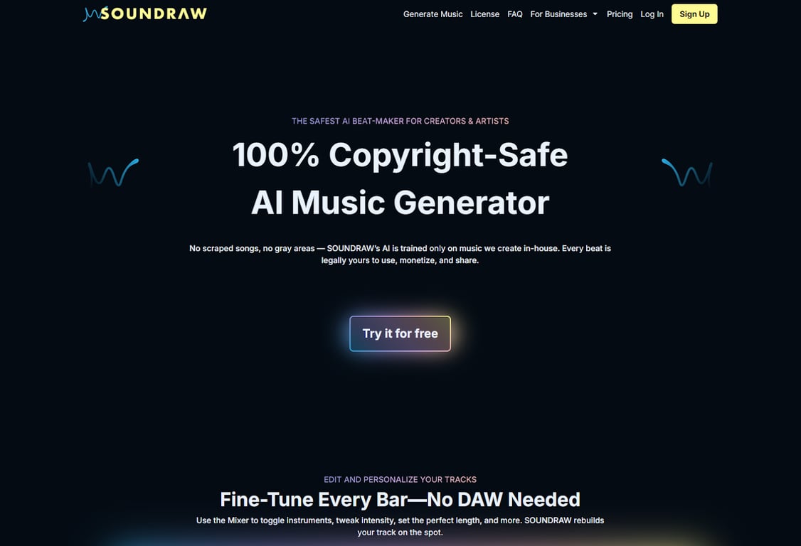 Soundraw AI music generator homepage