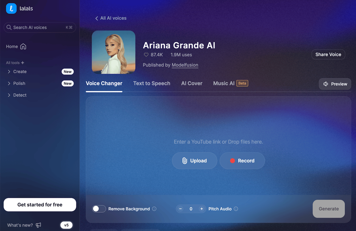 Ariana Grande AI Voice Changer interface on Lalals with upload and pitch controls