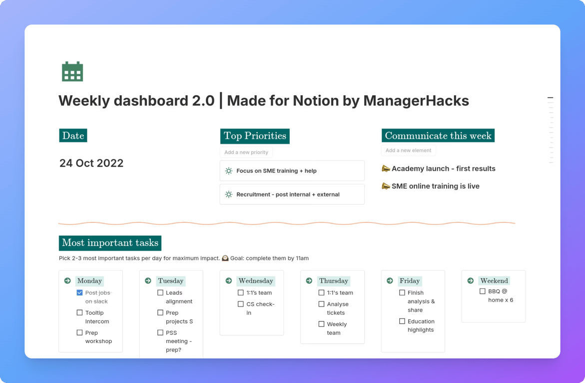 Weekly dashboard by Managerhacks