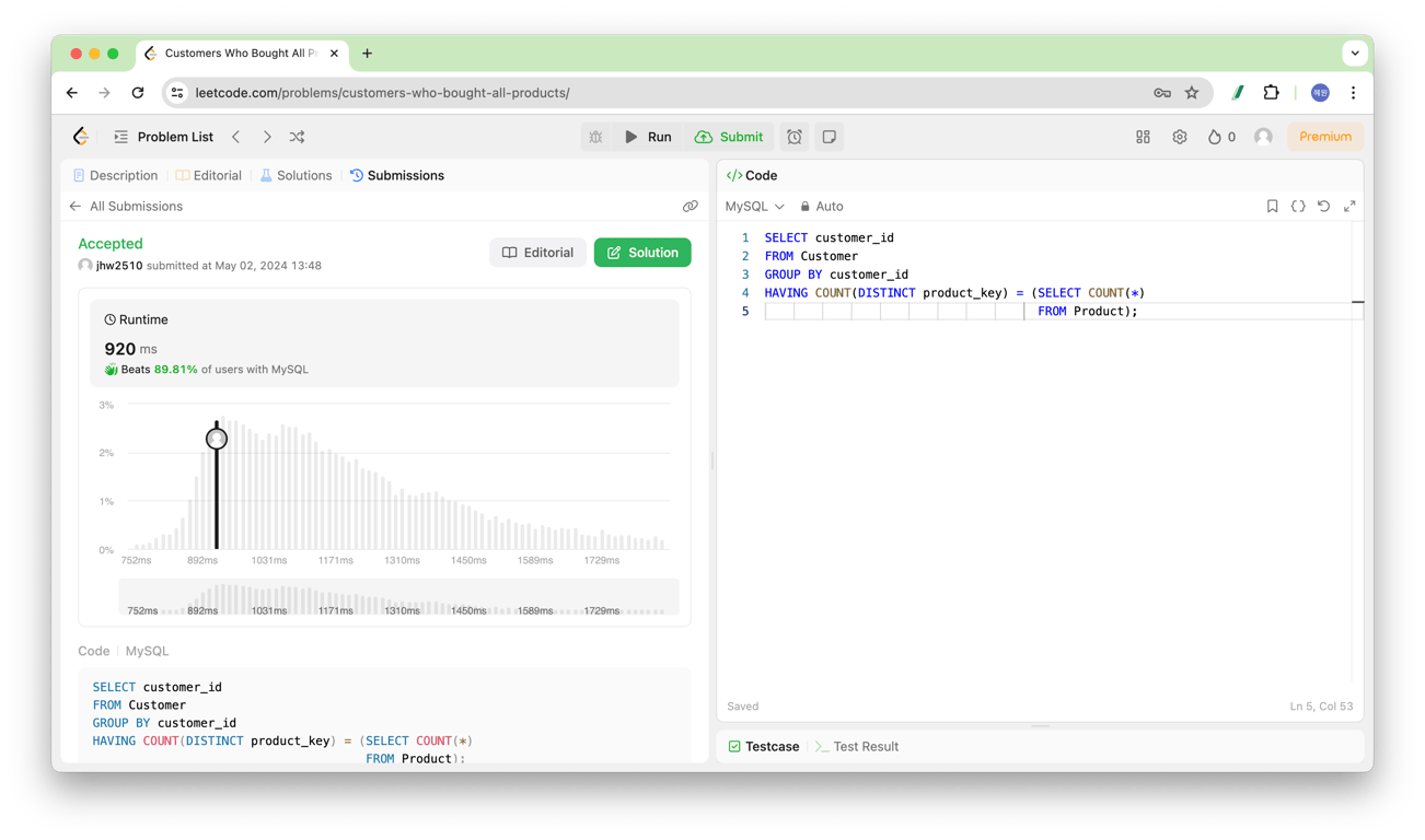 [SQL] LeetCode 1045. Customers Who Bought All Products