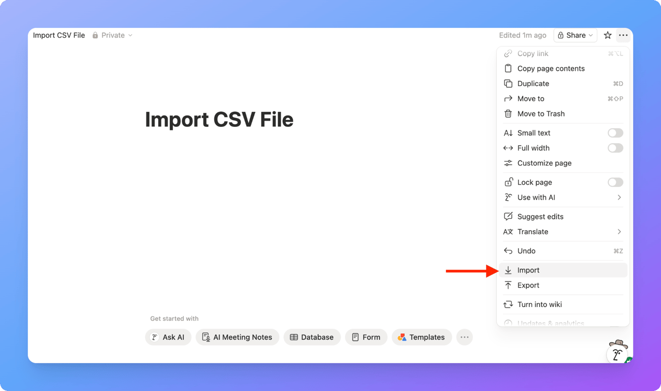 Using the Import option in Notion to start importing a CSV file