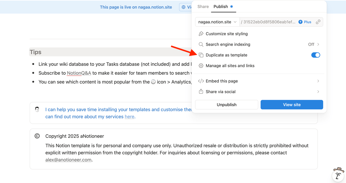 Duplicating notion page as template