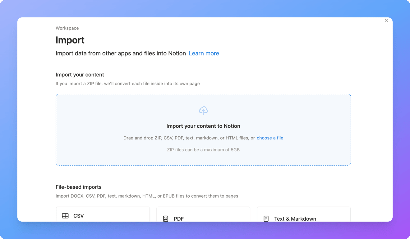 Selecting a CSV file to import into Notion from the file upload window