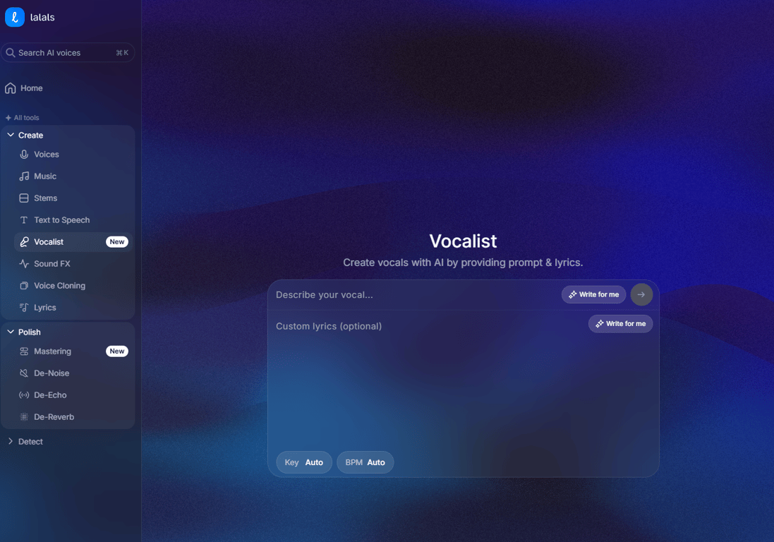 Lalals Vocalist interface with fields for a vocal prompt, custom lyrics, key, and BPM settings