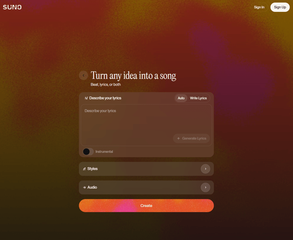 Suno song generation screen with lyrics input, style options, and a Create button