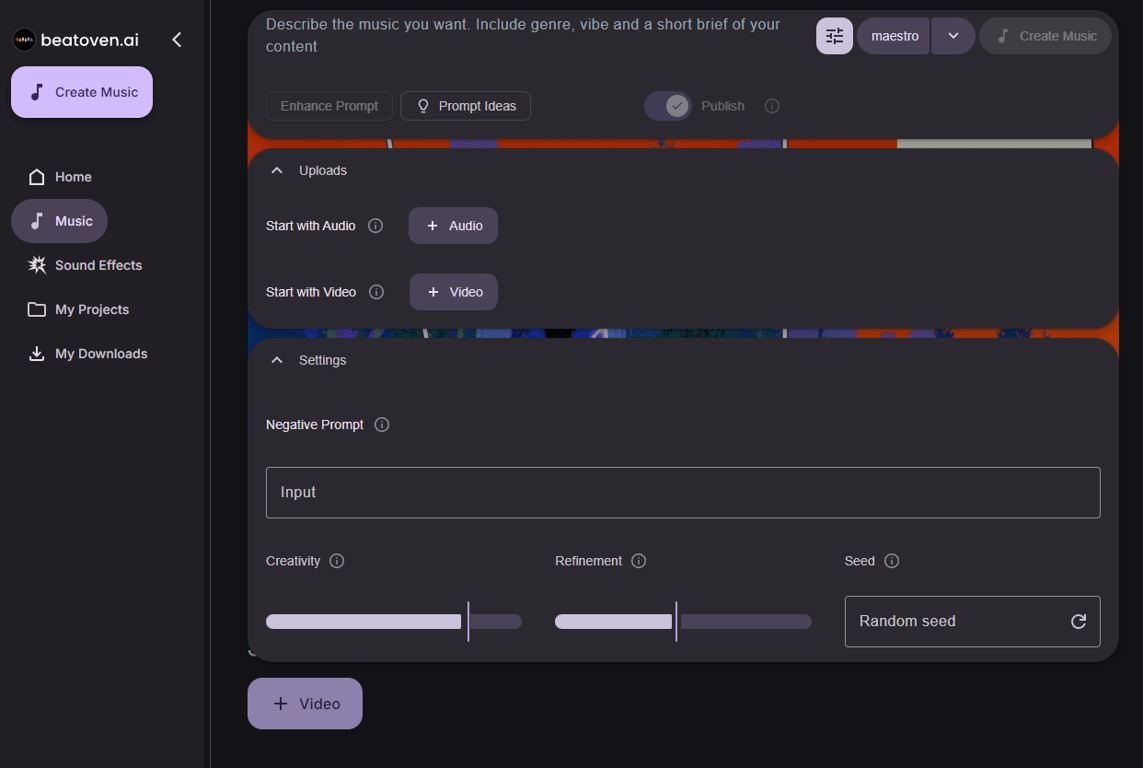 Beatoven interface with prompt controls and nd music generation settings