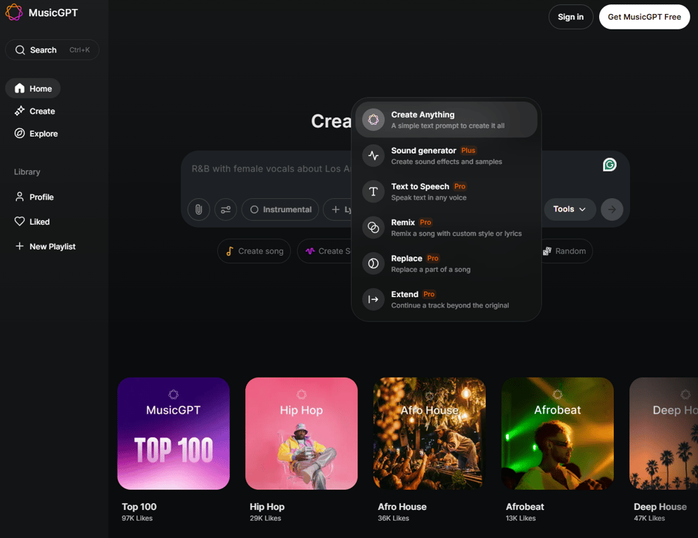 MusicGPT dashboard with create menu, genre cards, and AI audio tools