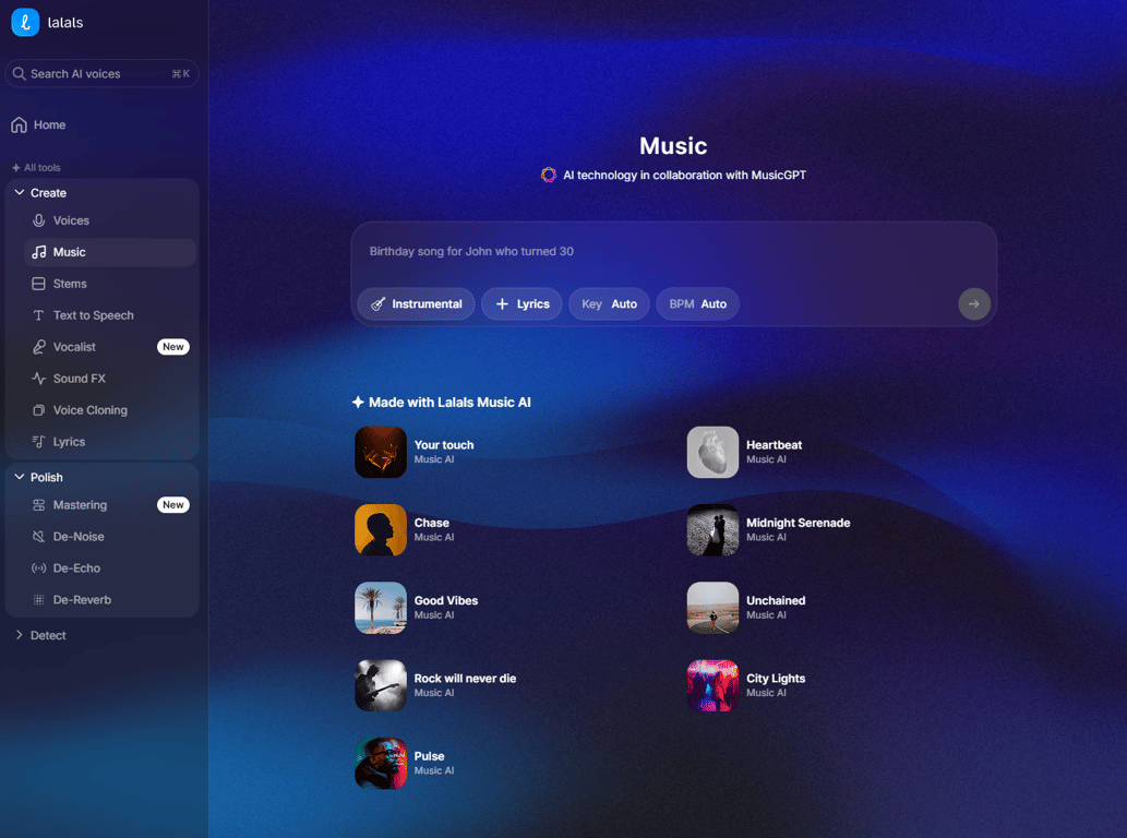 Lalals Music tool interface with a prompt bar for song generation