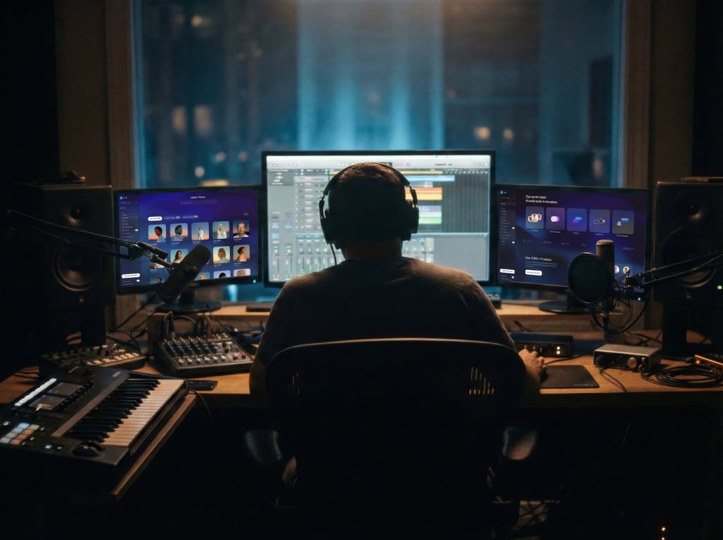 Music producer in a studio working at a computer