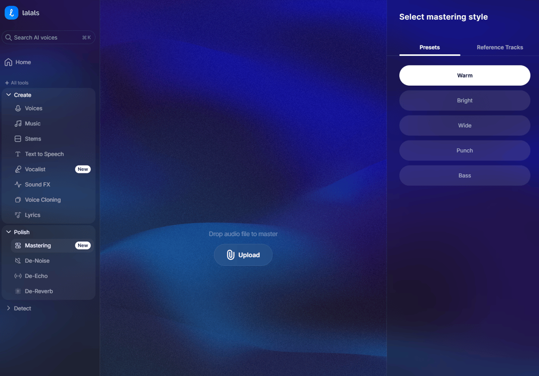 Lalals Mastering interface with audio upload area and mastering style presets