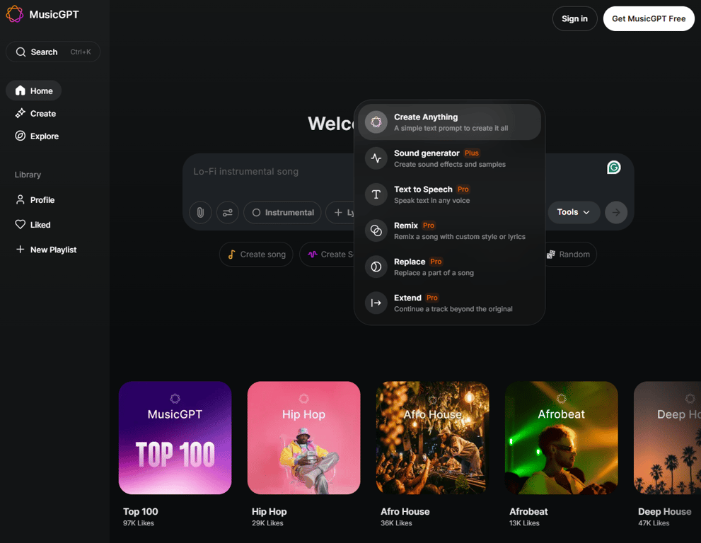 MusicGPT dashboard with the tools menu open