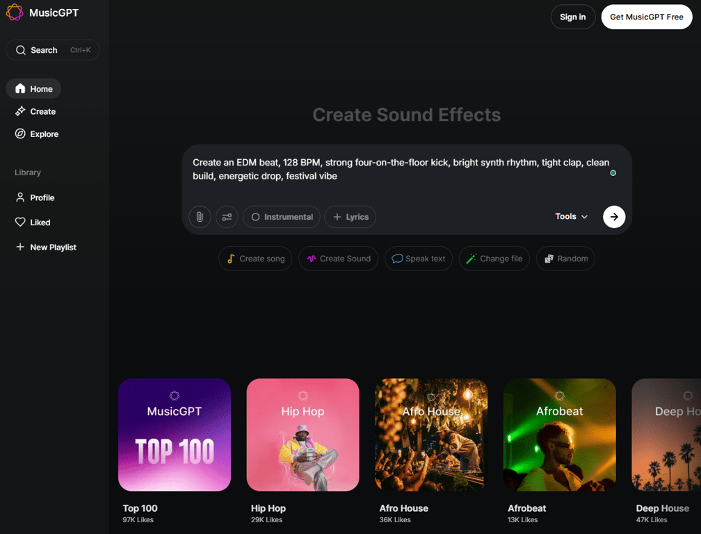 MusicGPT screen with an EDM beat prompt