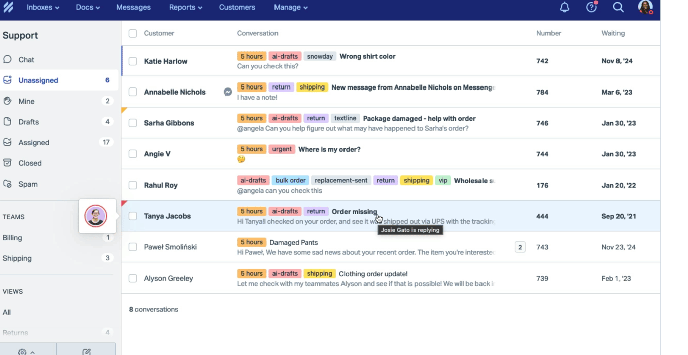 Shared inbox interface 
